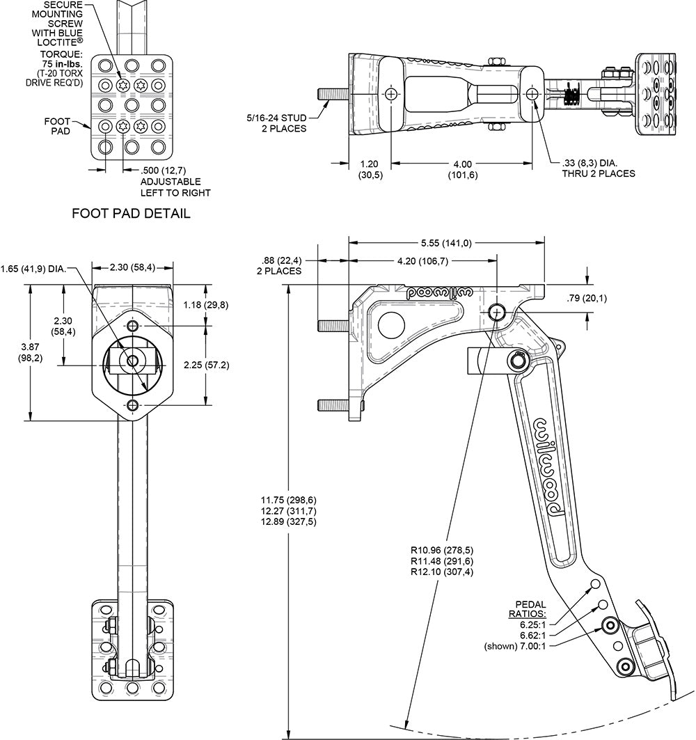 Wilwood 340-16381 Pedal de embrague / freno de montaje oscilante 6,25-7:1 una bomba