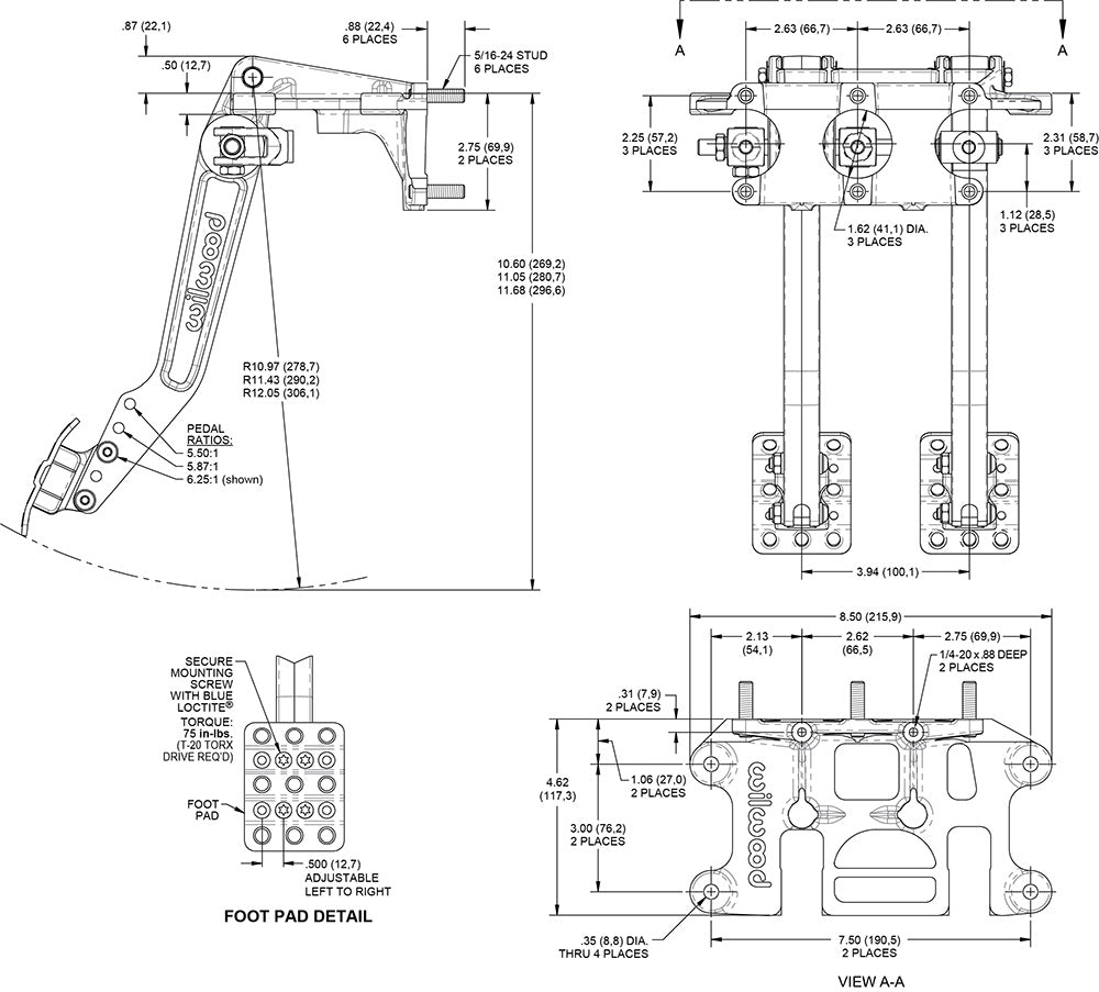 Wilwood 340-16382 Pedal de freno y embrague colgante 5,5-6,25:1 triple bomba