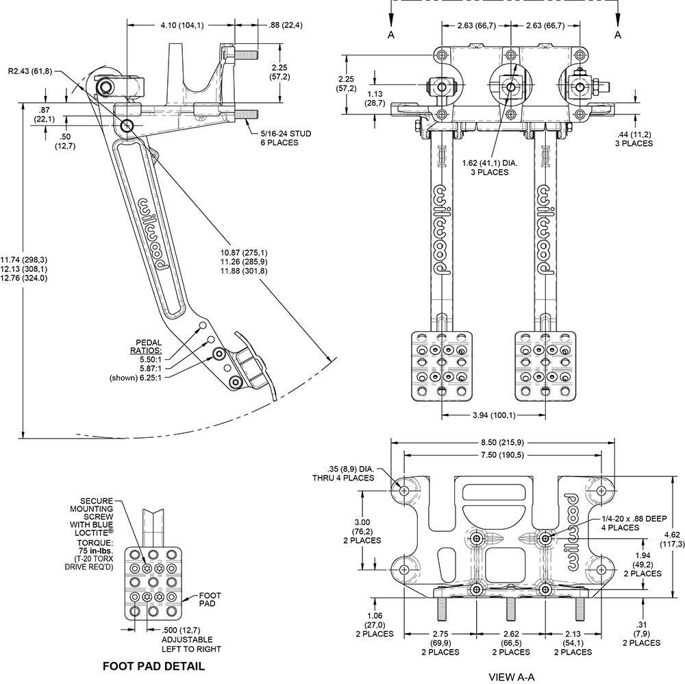 Wilwood 340-16385 Pedal de freno y embrague colgante 5,5-6,25:1 triple bomba