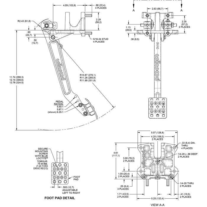 Wilwood 340-16387 Swing Mount Brake Pedal, 5.5-6.25:1 Ratio, Dual Master Cylinder