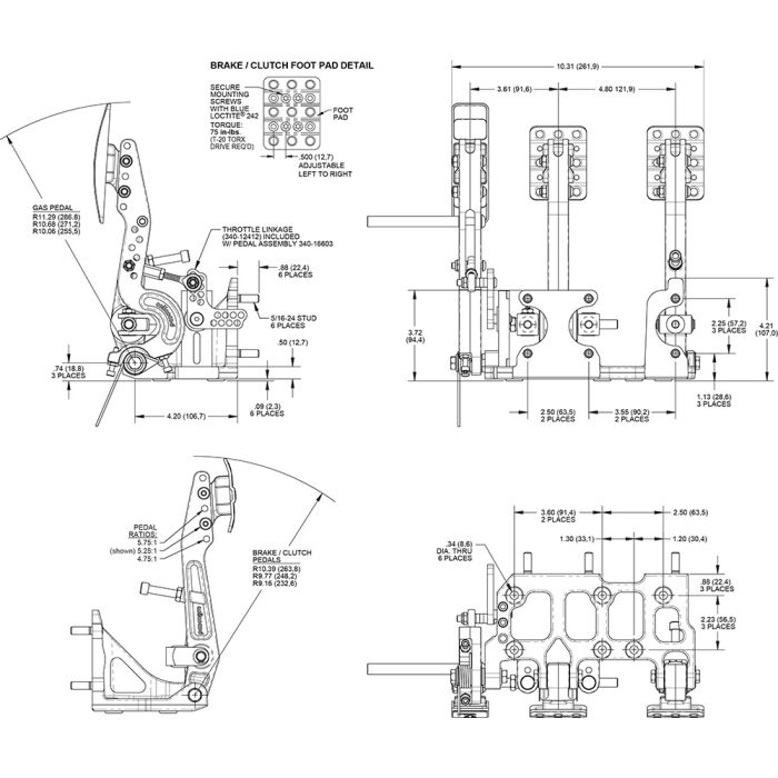 Pedal de freno/embrague y acelerador Wilwood 340-16602 sin varillaje del acelerador