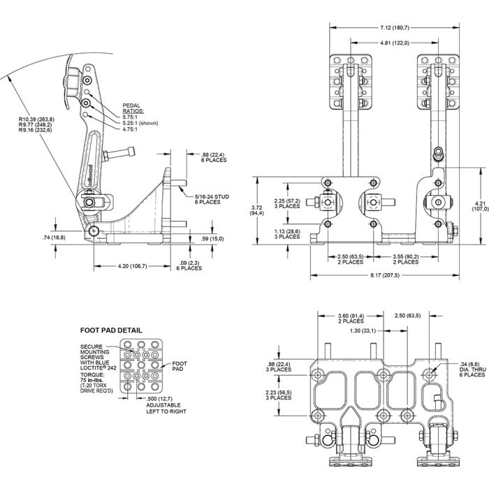 Pedal de freno y embrague Wilwood 340-16606 para montaje en piso