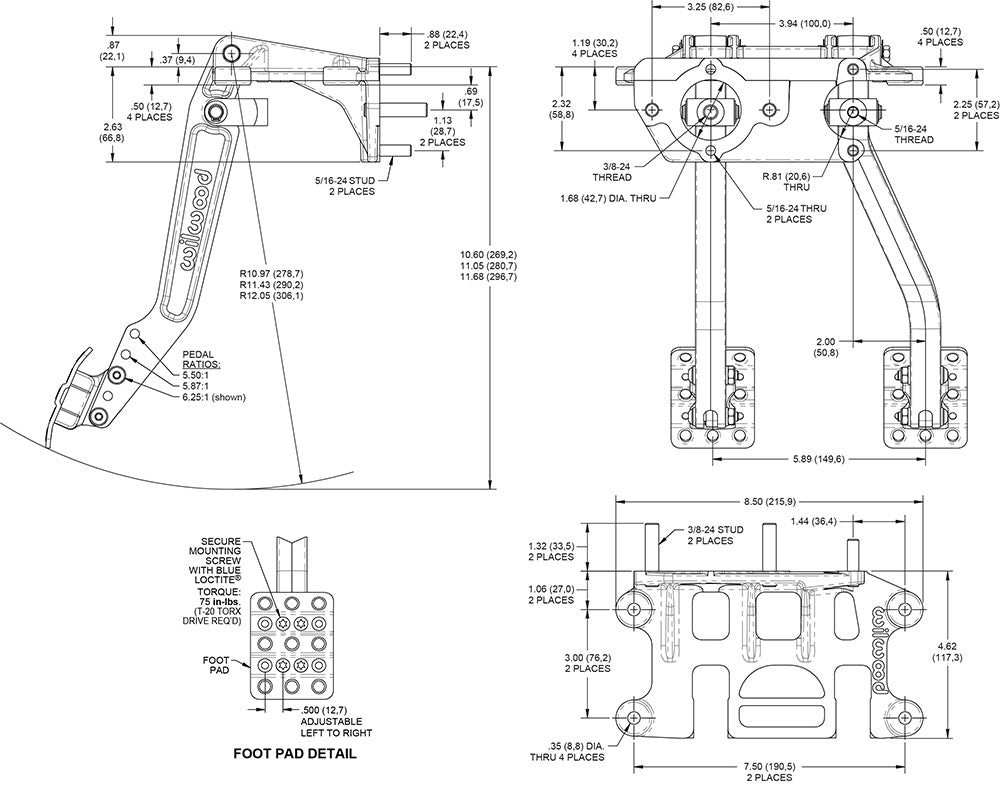 Wilwood 340-16833 Pedal de freno y embrague tándem de montaje colgante