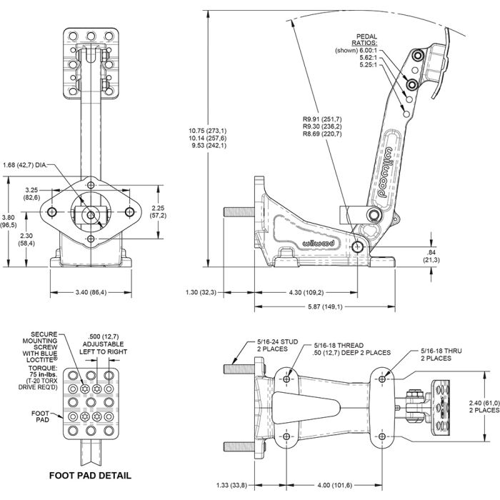 Pedal de freno Wilwood 340-17698 para montaje en piso, relación 5.25-6:1, para motocicletas tándem.