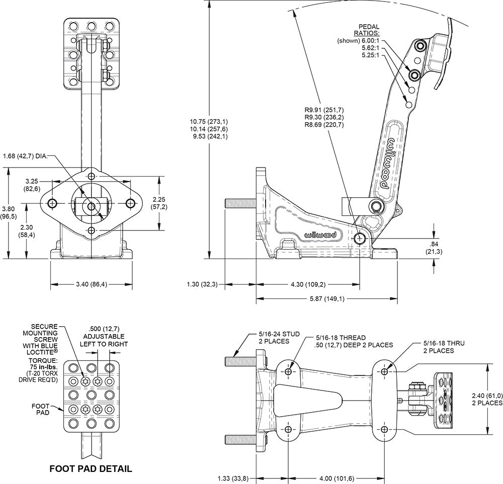 Wilwood 340-17698 Pedal de freno de suelo 5,25-6:1 bomba tándem