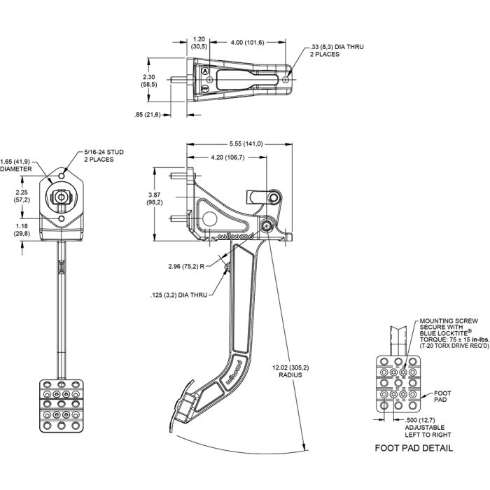 Pedal de embrague/freno de montaje oscilante Wilwood 340-13574