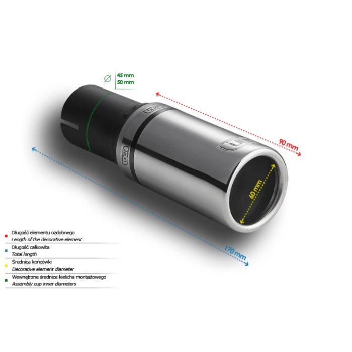 60mm Length 90mm Diameter Round Universal Exhaust Pipe Tip 50mm Mounting.