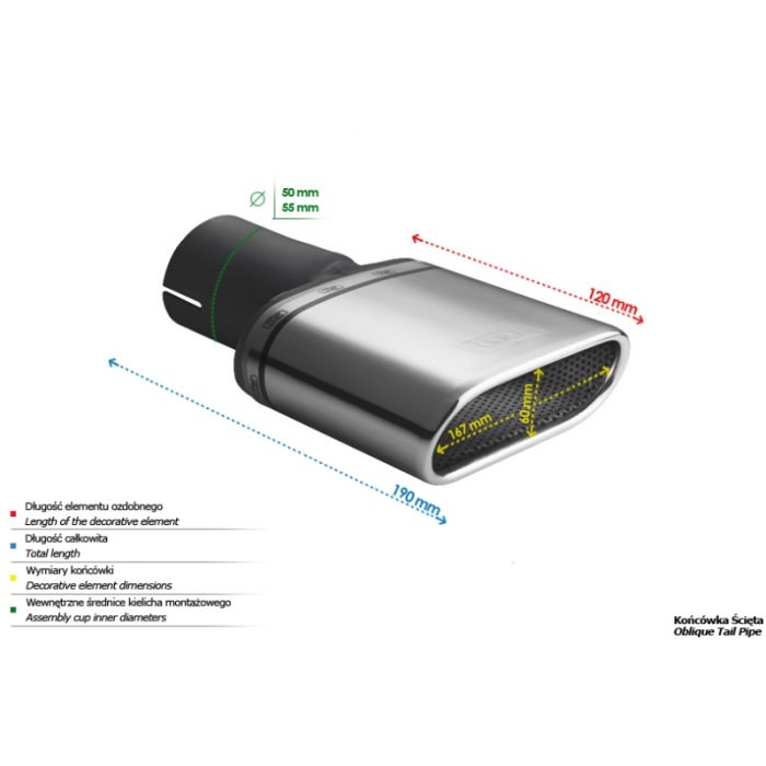 167 × 60 mm Oval Universal Exhaust Muffler Tip, 120 mm Length, 55 mm Mounting Diameter.