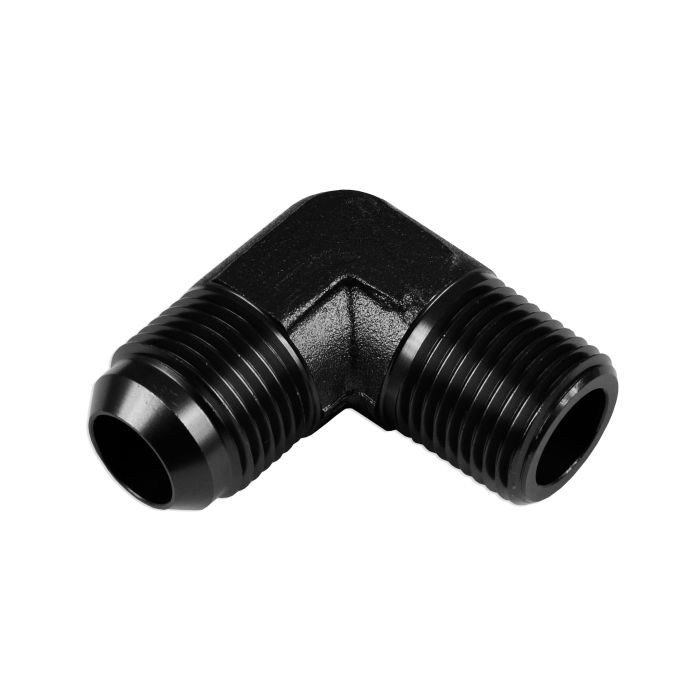 AN10-3/8 NPT 90-degree male-to-male hose fitting adapter, black.