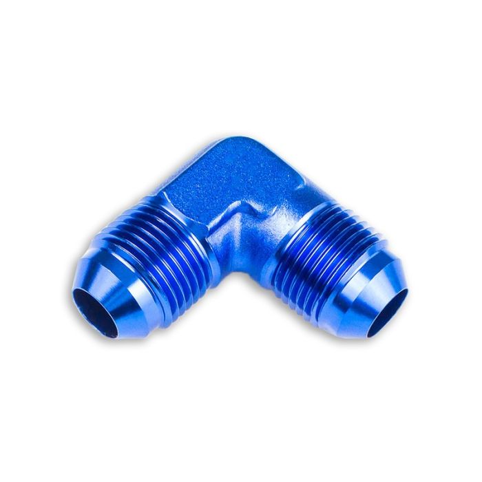 Adaptador AN10 de 90°, acoplamiento macho-macho para manguera, color azul.