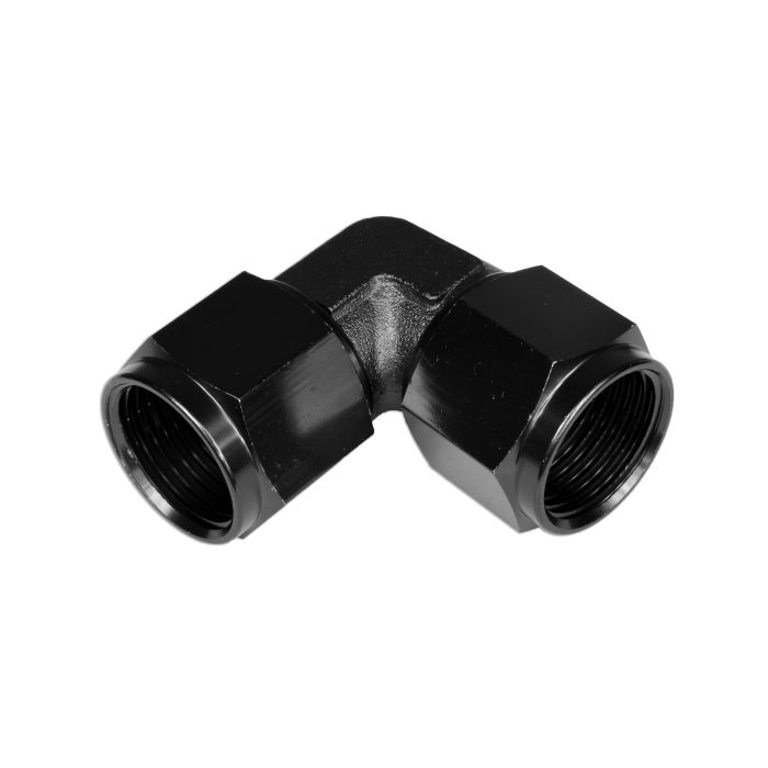 AN10 90° female-to-female swivel hose end fitting, black.