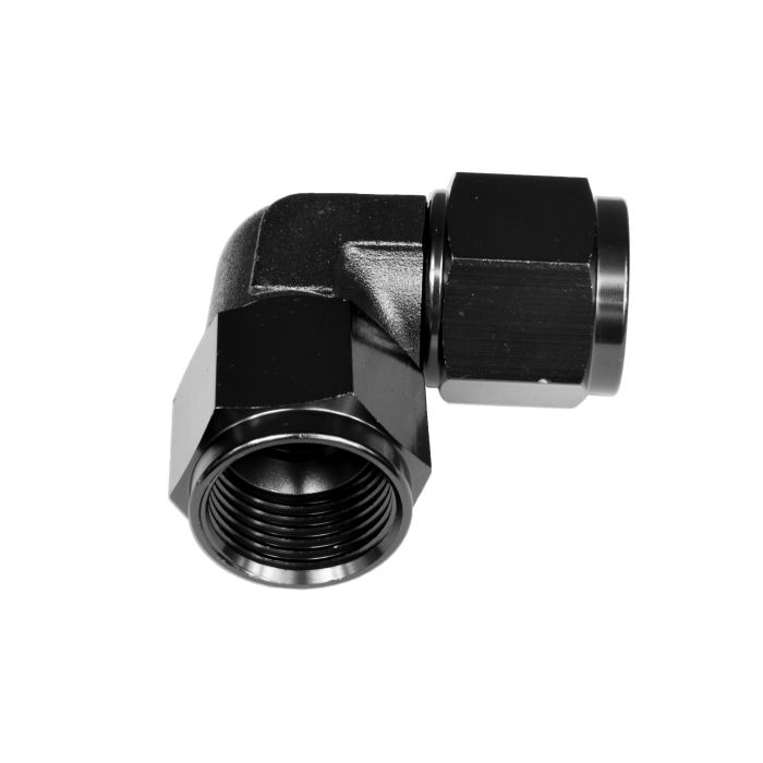 AN10 90° female-to-female swivel hose end fitting, black.