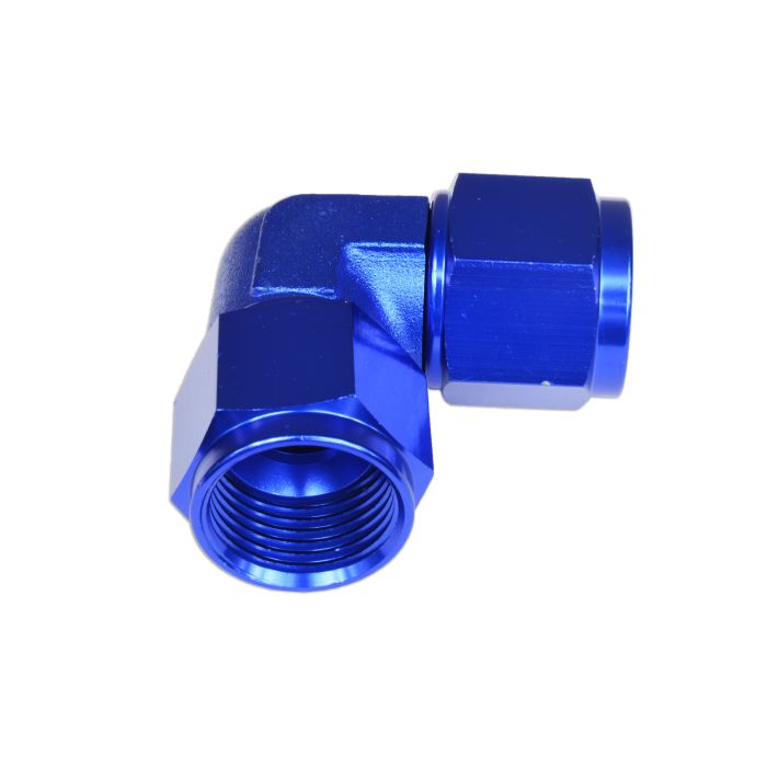 AN10 90° female to female hose coupling adapter, blue.