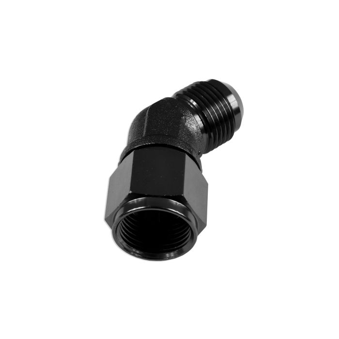 AN12 45-Degree Female-to-Male Hose Coupling Adapter, Black.