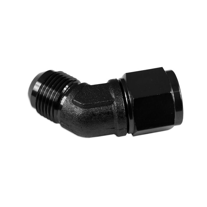 AN12 45-Degree Female-to-Male Hose Coupling Adapter, Black.