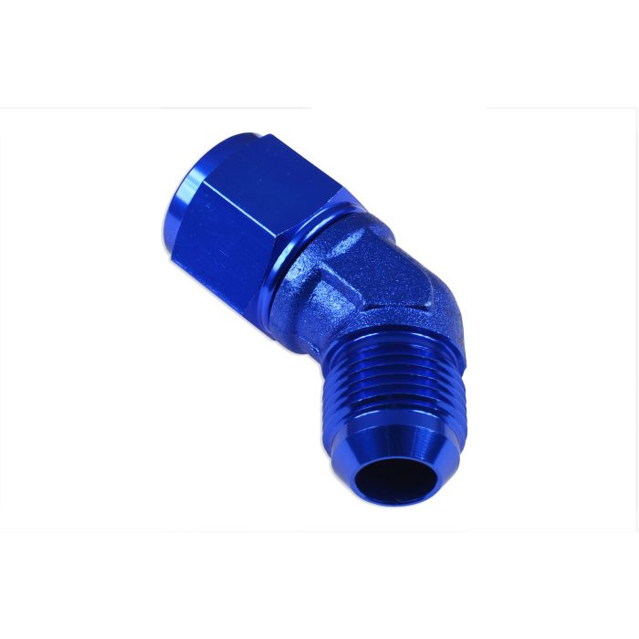 Adaptador AN12 de 45', acoplamiento hembra-macho para manguera, color azul.