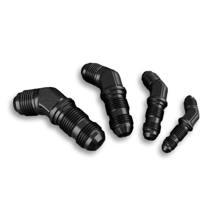 AN12 JIC Bulkhead Adapter, 45-Degree Male Hose Fitting, Black.