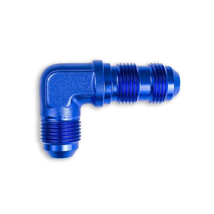 AN12 JIC Bulkhead Adapter, 90-Degree Male Fuel Hose Fitting, Blue.