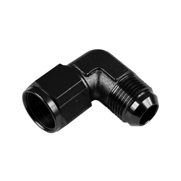 Adaptador AN12 de 90°, acoplamiento hembra-macho para manguera, color negro.