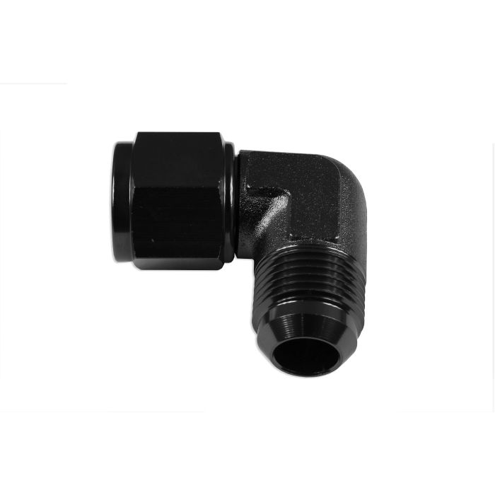AN12 90° female to male hose fitting adapter, black.