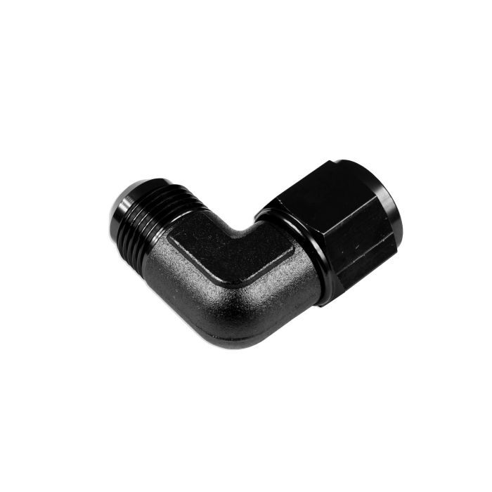 AN12 90° female to male hose fitting adapter, black.