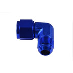 Adaptador AN12 de 90°, acoplamiento hembra-macho para manguera, color azul.