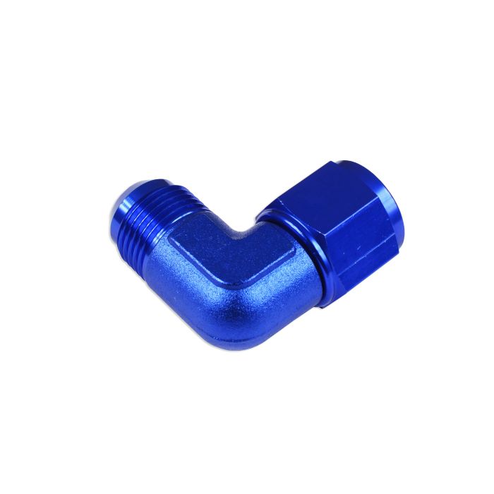 Adaptador AN12 de 90°, acoplamiento hembra-macho para manguera, color azul.