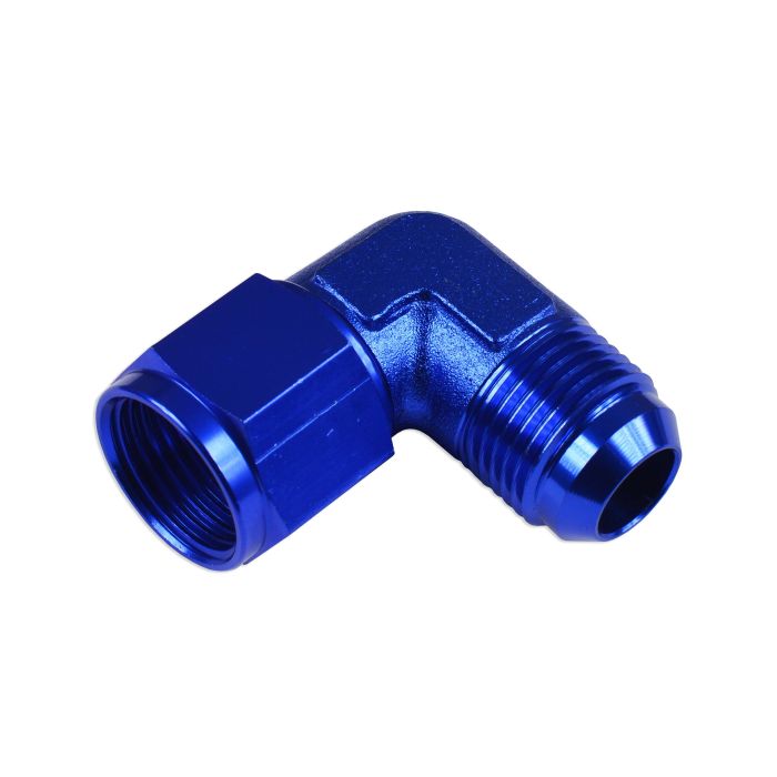 Adaptador AN12 de 90°, acoplamiento hembra-macho para manguera, color azul.