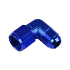 Adaptador AN12 de 90°, acoplamiento hembra-macho para manguera, color azul.
