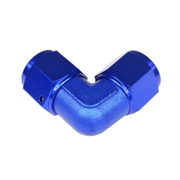 AN12 90° female-to-female hose fitting adapter, blue.