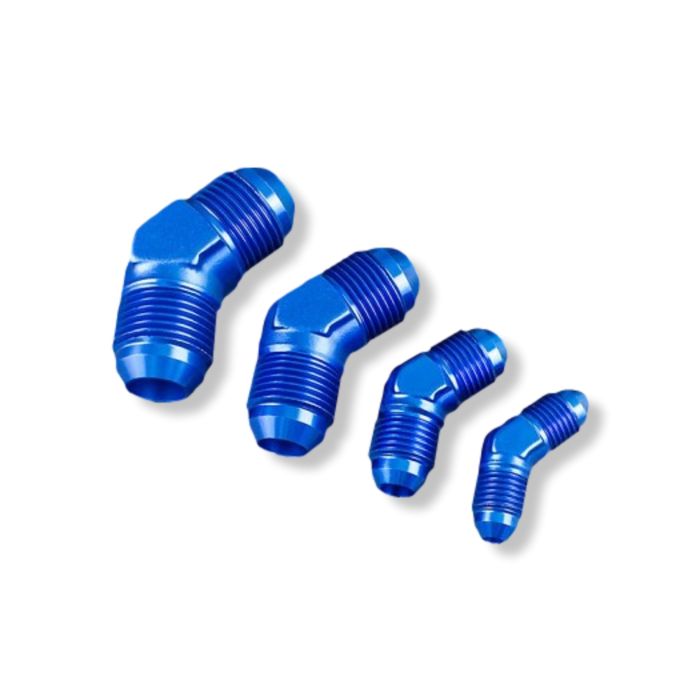 AN4 45-degree male-to-male hose coupling adapter, blue.