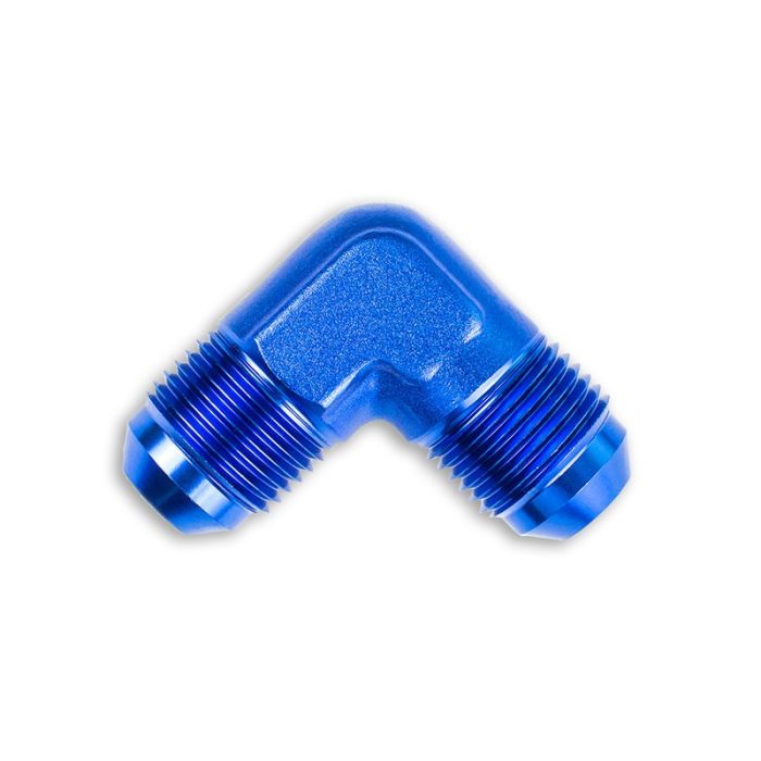 AN4 90° adapter, male-to-male hose fitting, blue.