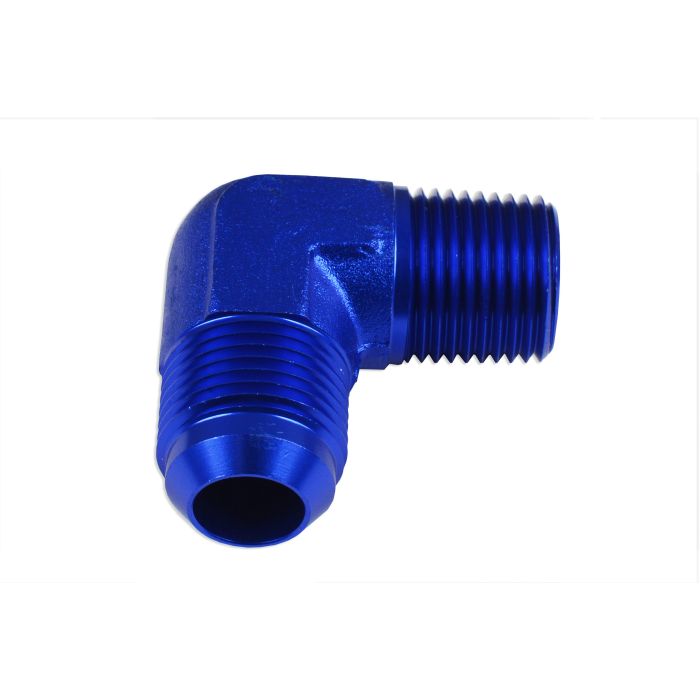 AN6 to 3/8 NPT 90 degree hose adapter male to male fitting, blue.