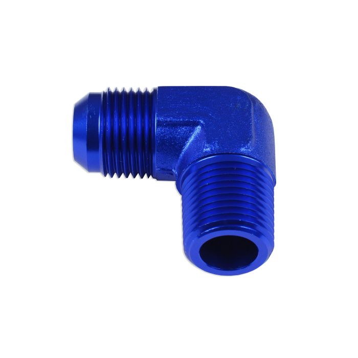 AN6 to 3/8 NPT 90 degree hose adapter male to male fitting, blue.