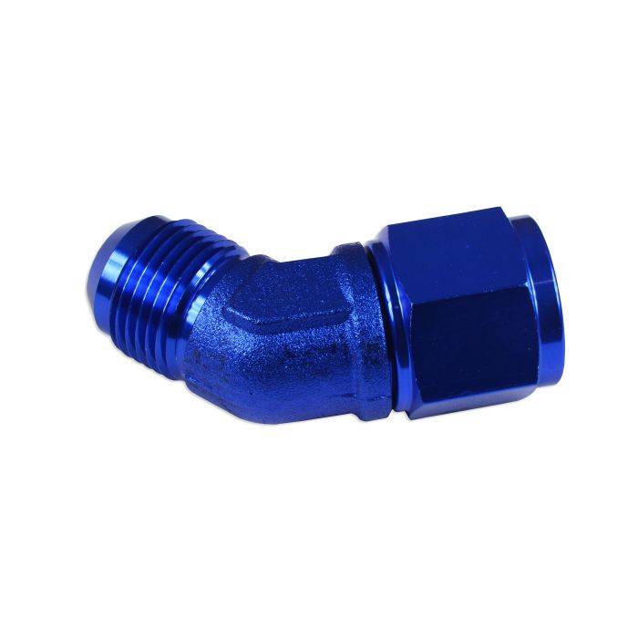 Adaptador AN6 de 45" con acoplamiento hembra-macho para manguera, color azul.
