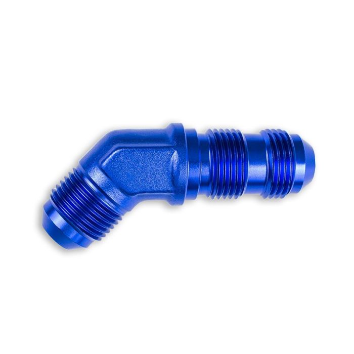 AN6 JIC Bulkhead Adapter, 45-Degree Male Fuel Hose Fitting, Blue.