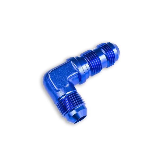 AN6 JIC Bulkhead Adapter, 90-Degree Male Fuel Hose Fitting, Blue.