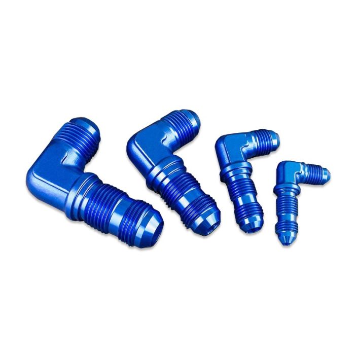 AN6 JIC Bulkhead Adapter, 90-Degree Male Fuel Hose Fitting, Blue.
