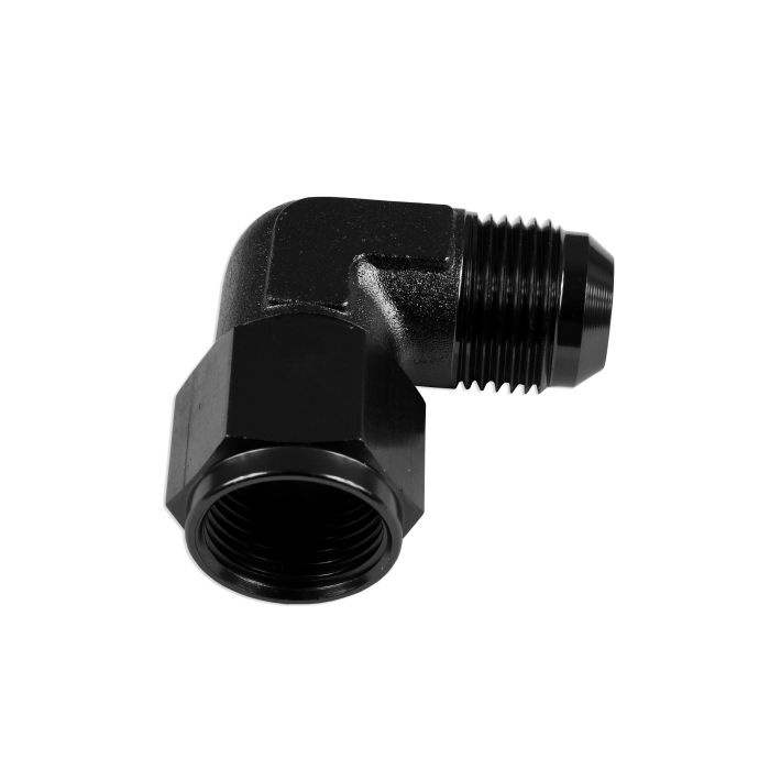 AN6 90° Adapter, Female-to-Male Hose Fitting, Black.