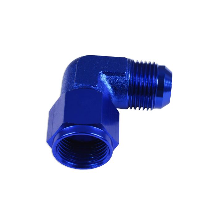 AN6 90° Adapter Female to Male Hose Fitting, Blue.