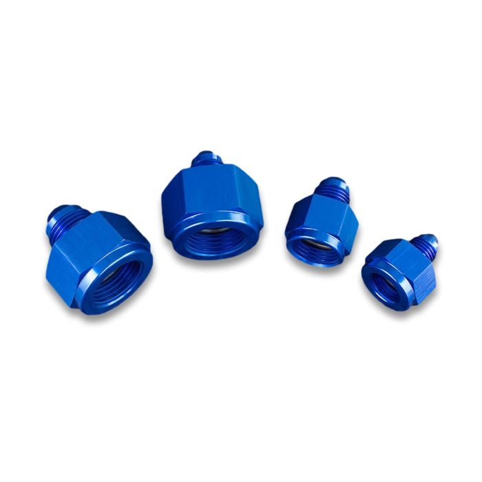 AN6 female to AN4 male JIC hose adapter, blue.