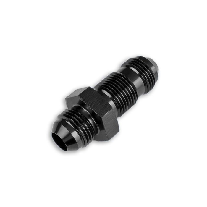 AN6 JIC bulkhead adapter, male straight hose fitting, black.