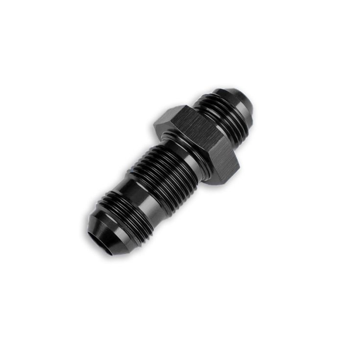 AN6 JIC bulkhead adapter, male straight hose fitting, black.