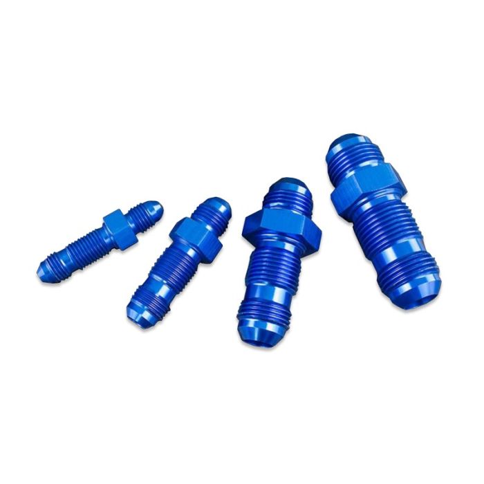 AN6 JIC bulkhead adapter, male straight hose fitting, blue.