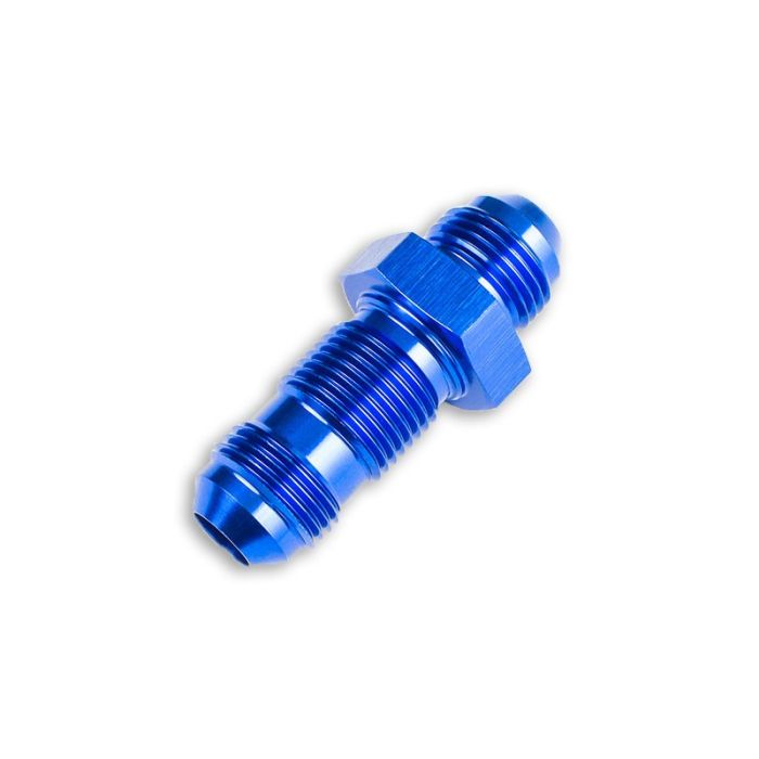 AN6 JIC bulkhead adapter, male straight hose fitting, blue.