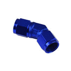 AN8 45° Female to Female Hose Adapter, Blue.