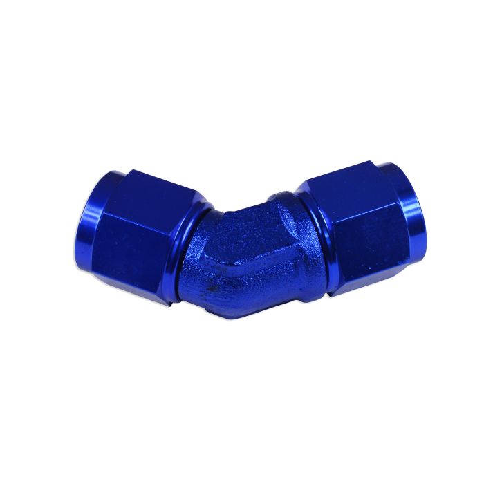 AN8 45° Female to Female Hose Adapter, Blue.