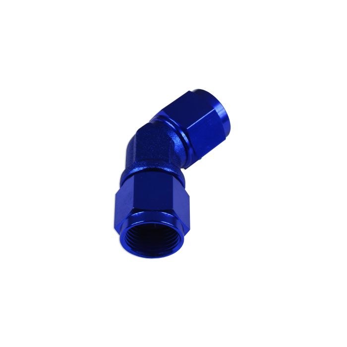 AN8 45° Female to Female Hose Adapter, Blue.