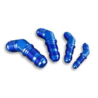 AN8 JIC bulkhead adapter, 45' male fuel hose fitting, blue.