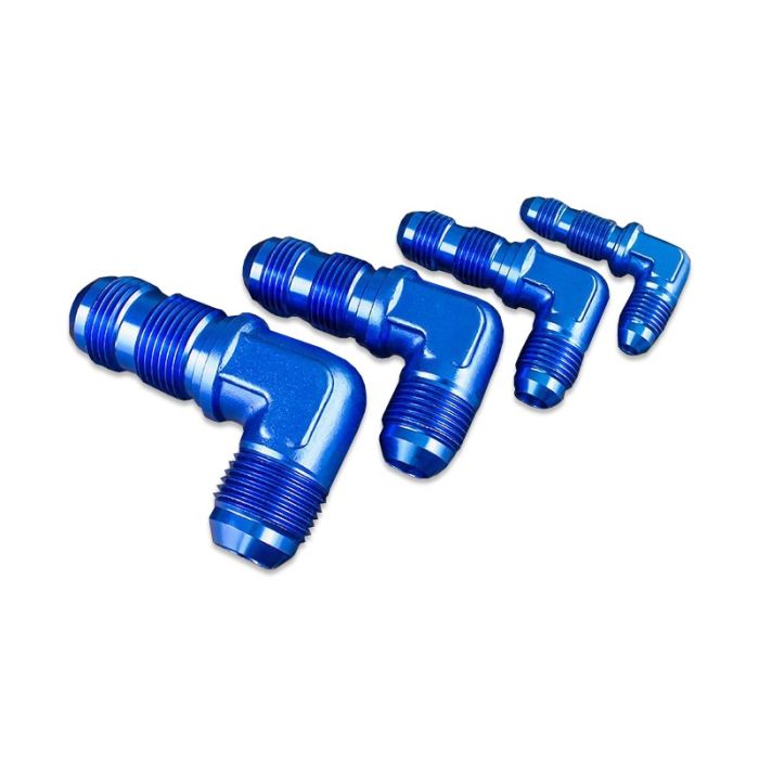 AN8 JIC Bulkhead Adapter, 90 Degree Male Fuel Hose Fitting, Blue.